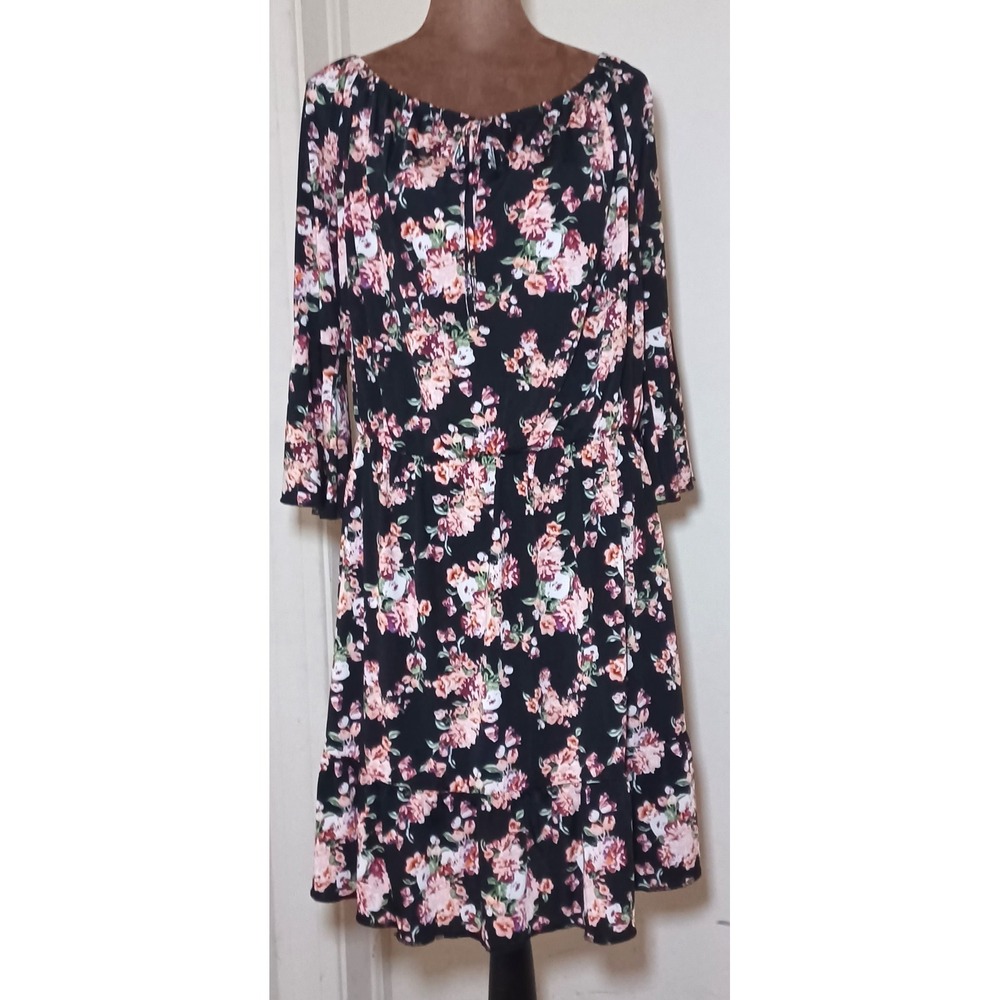 Shiela Rose‎ Women XL Black Floral Bell Sleeve Ruffle Hem Mini Dress 8.2411 Boho